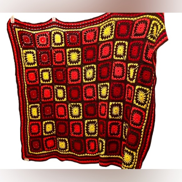 VTG Granny Square Afghan Blanket Throw 40" x 50" Multicolor Red Yellow Brown Org - Picture 5 of 5